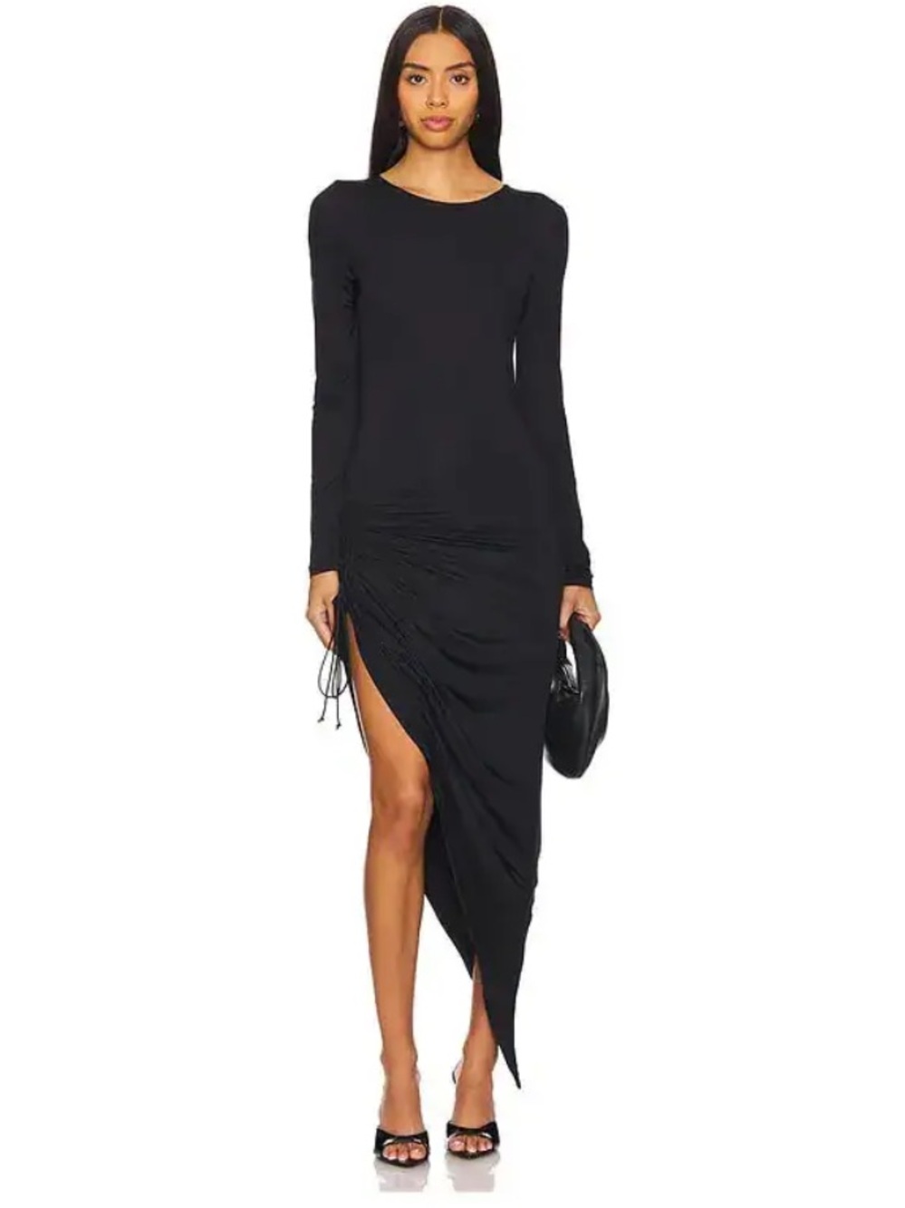 OW Collection Delilah Dress Black Long-Sleeve Asymmetric Midi stretch Revolve S